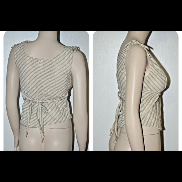 V2K 2000’s Tan Striped Gold Sequin trim Ties at back fitted Lightweight blouse - Picture 5 of 5